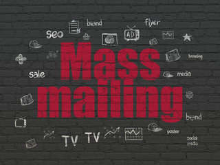 Marketing concept: Painted red text Mass Mailing on Black Brick wall background with  Hand Drawn Marketing Icons
