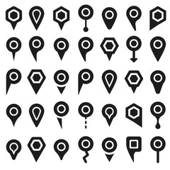 Vector black map pointer icons set on white background. Collection of 45 icons