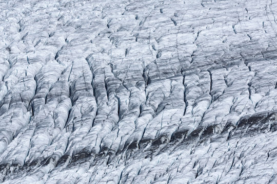 Great Aletsch Glacier glacial tongue with ice-crevasses, Eggishorn Bergstation, Fiesch, Canton of Valais, Switzerland 