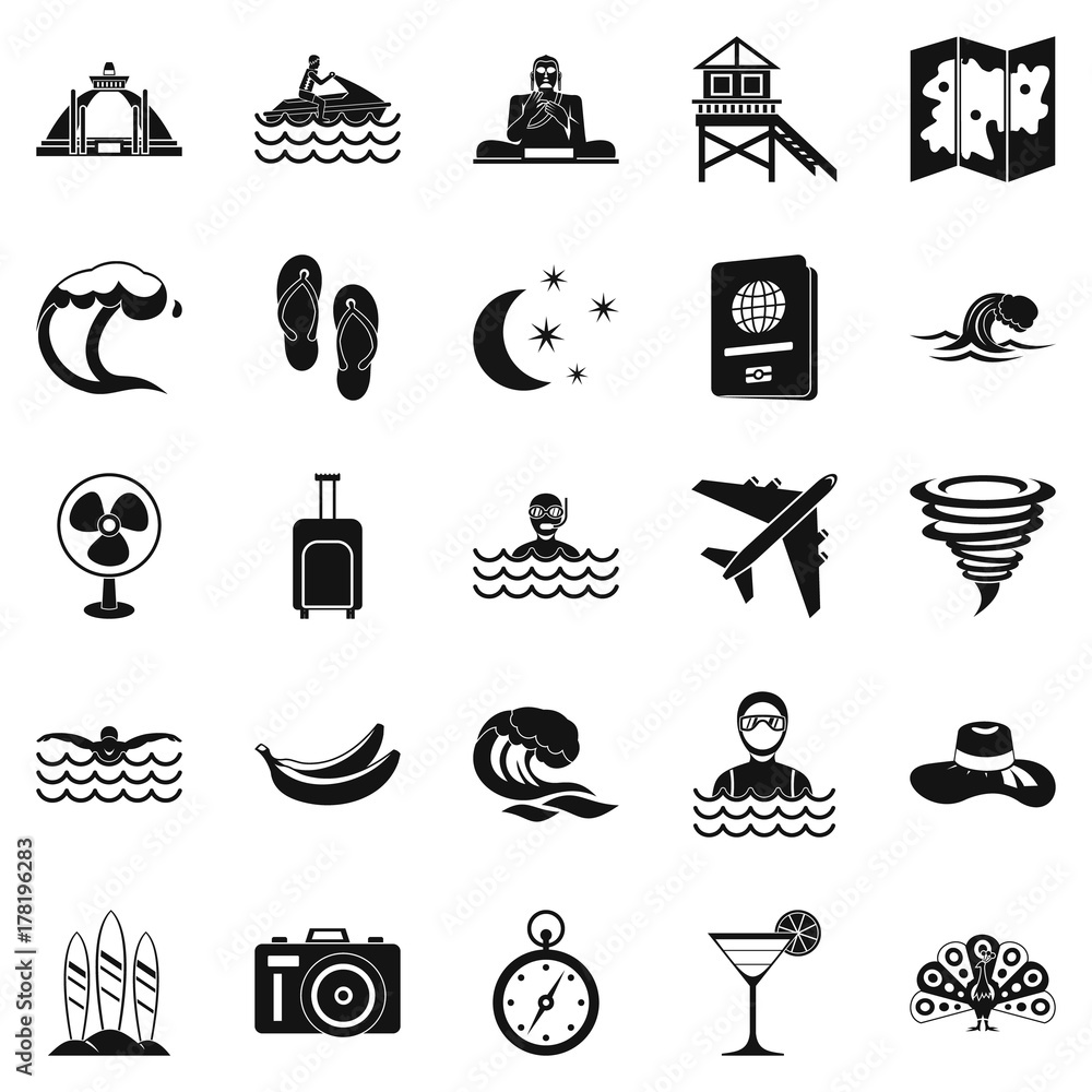 Poster rest on the ocean icons set, simple style