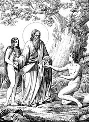 God, Adam and Eve. - obrazy, fototapety, plakaty