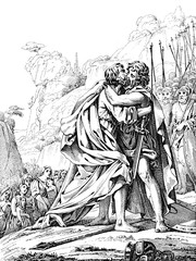 The reconciliation of Esau and Jacob.