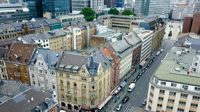 aerial view of business area in Frankfurt city with skyscrapers
