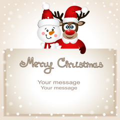 Fototapeta na wymiar Funny postcard with Christmas reindeer and snowman.