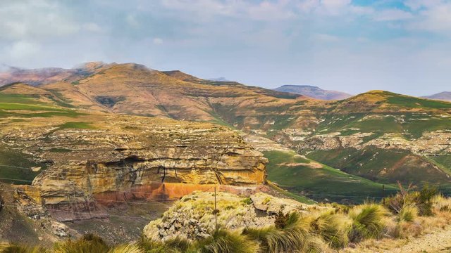 Panorama on valleys, canyons and rocky cliffs at the majestic Golden Gate Highlands National Park, dramatic landscape, travel destination in South Africa.