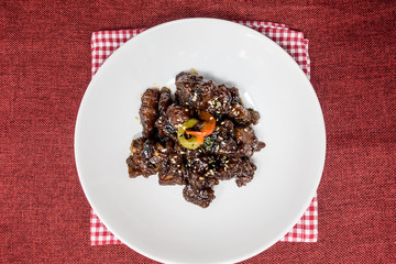 Closeup of pork stew Meat with vegetables