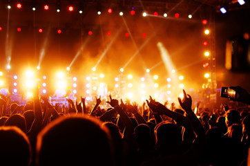 silhouettes of concert crowd and mohawk punk hair style in front of bright stage lights
