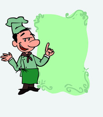 White chef relaxed, speak content. Is showing, as if he were in front of a blackboard, the data you want.