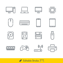 Computer Related Icons / Vectors Set - In Line / Stroke Design with Editable Stroke