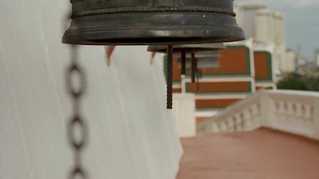 Sacral bells in Wat Saket Ratcha Wora Maha Wihan (the Golden Mount) . Bangkok Thailand.
