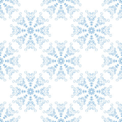 Beautiful seamless pattern with blue snowflakes isolated on white background. Festive winter design for New year and Christmas, textile, wrapping paper, interior, invitations, wedding, cards.