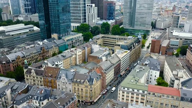 aerial view of business area in Frankfurt city with skyscrapers