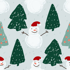 Seamless pattern with Santa, snowmen and Christmas trees