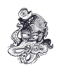 Hand-drawn octopus silhouette decorated sketch and doodle ornament. Sea monster Tattoo. Vector character illustartion.