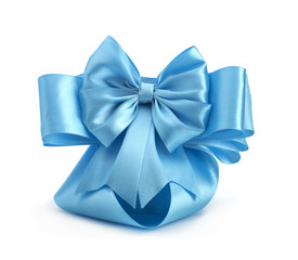 Blue satin ribbons and bows on a white background for gift wrapping