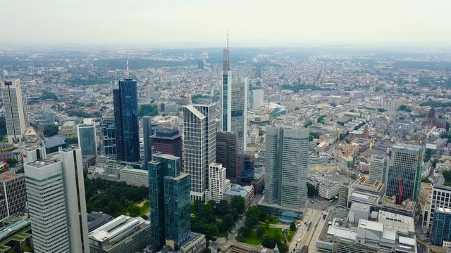 aerial view of business area in Frankfurt city with skyscrapers