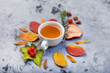 autumn composition cup of tea. autumn leaves on dark background