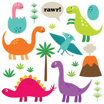 Cartoon dinosaurs, isolated, colorful set