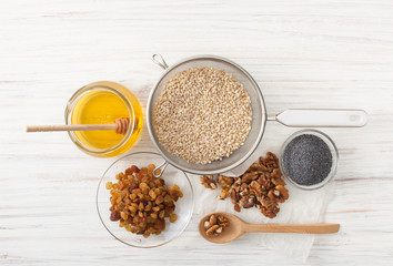 Ingredients for Christmas porridge on white table