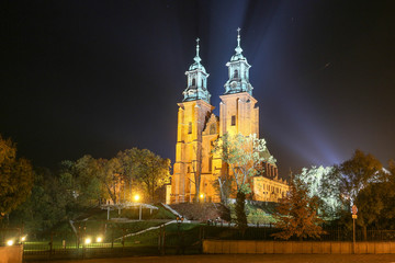 Gniezno Cathedral illuminated at night