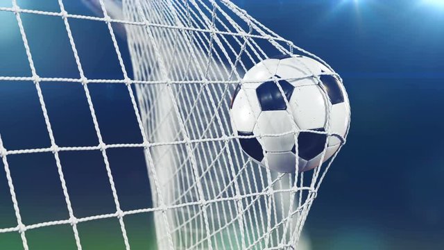Slow Motion 3d animation of Soccer Ball flying in Goal Net. Beautiful Football Close up Sport Concept. 4k UHD 3840x2160.