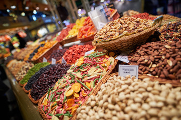Dried fruit and nuts in baskets