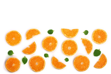 Slices of orange or tangerine with leaves isolated on white background with copy space for your text. Flat lay, top view