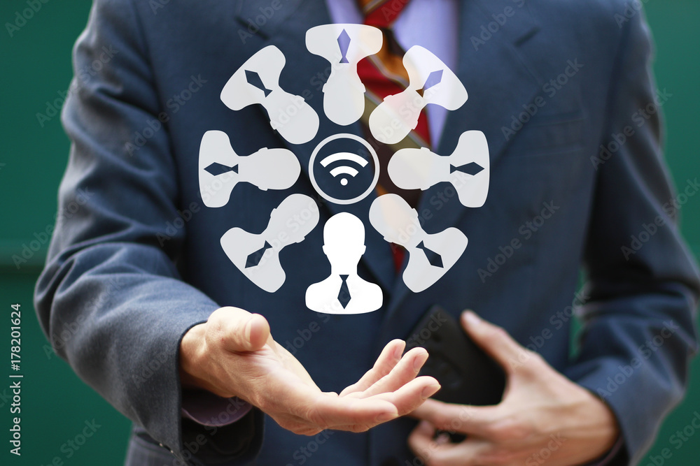 Poster social network business interface wi-fi businessman presses button web wifi icon.