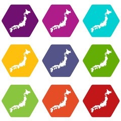 Map of Japan icon set color hexahedron