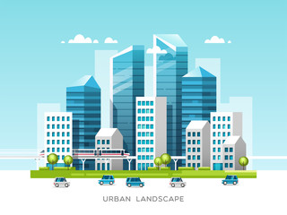 Urban landscape with buildings, skyscrapers and city transport. Real estate and construction industry concept. Vector illustration. © faber14