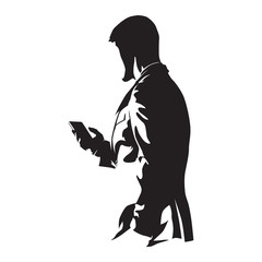 Businessman with phone, man in suit holding mobile, abstract vector silhouette