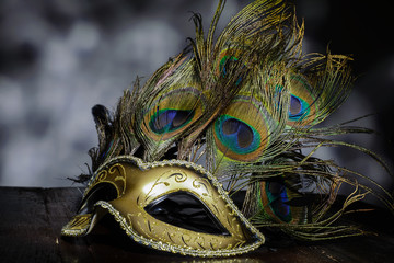 carnival venetian mask with peacock feathers on dark background