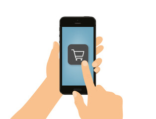 Hand tippt auf Smartphone - Einkaufswagen