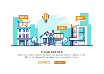 Real estate business concept with houses. Vector illustration. - obrazy, fototapety, plakaty