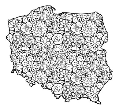 Map of Poland with flowers. Black and white vector illustration, coloring page for adults