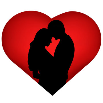 couple silhouette embracing red heart background clip art preview