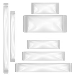 VECTOR PACKAGING: White gray plastic sachet or foil packet on isolated white background. Mockup template ready for design