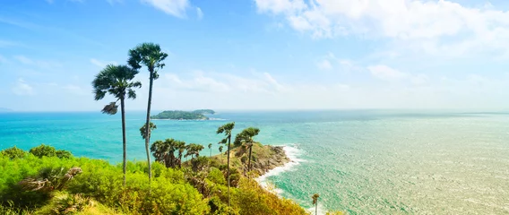 Poster Phromthep Cape, beautiful Andaman sea view in Phuket island, Thailand. Blue sky and turquoise color sea. Banner © upslim