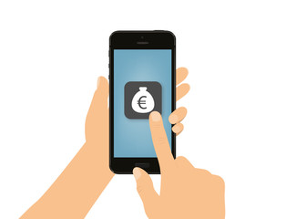 Hand tippt auf Smartphone - Geldsack - Euro