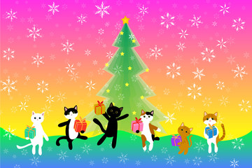 プレゼントをもらって嬉しい猫たちの猫型の雪の結晶の降るクリスマス