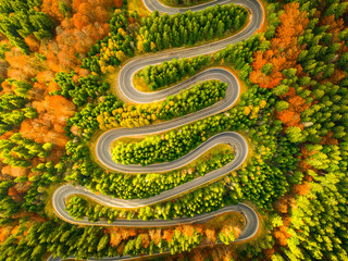 Aerial view of winding road through autumn colored forest