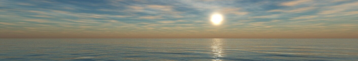 Panorama of sunset at sea, ocean sunrise, sun in clouds over water, banner, 3D rendering

