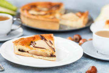 Slice of pear cake. Autumn comfort food