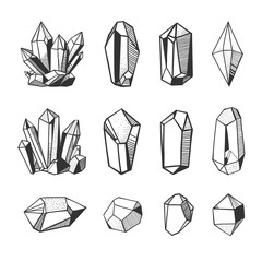 Naklejka premium wektorowe kryształy i minerały, czarno-biała ilustracja