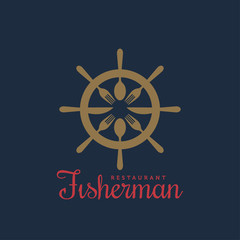 Fish Restaurant Logo Template. Nautical Hand wheel Emblem