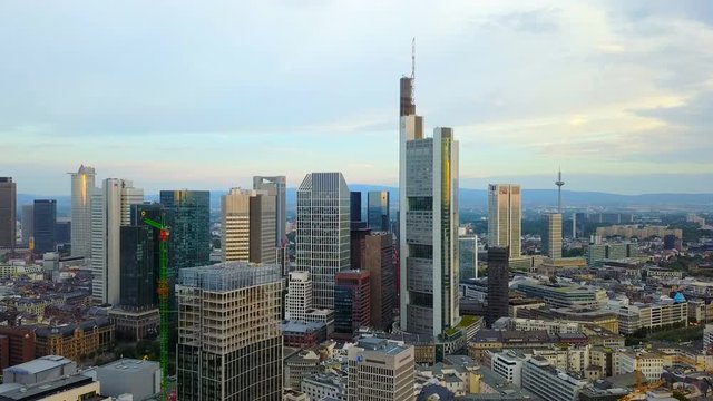 aerial view of business area in Frankfurt city with skyscrapers