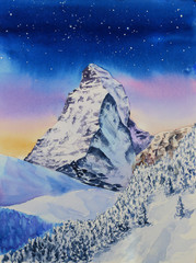Matterhorn mountain in snow at winter evening watercolor painting