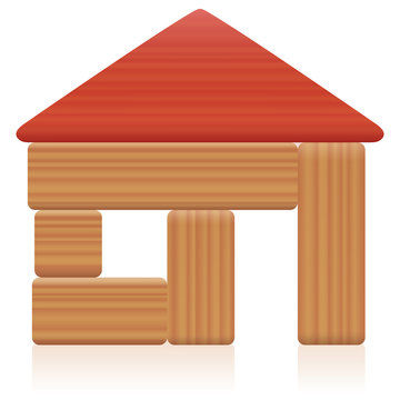 Simple small toy house built with a few wooden building blocks and a roof for a small family - symbol for simplicity concerning easy living or affordable habitation - or just a funny childs play.