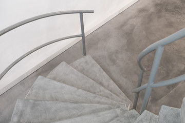 Gray functionalist staircase in interior, Staircase with banister in minimalist style, Detail of a modern stair,  Symbol of staircase, Stair house, Modern stairway in house