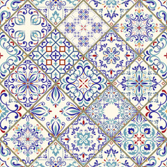 Vector seamless texture. Beautiful mega patchwork pattern for design and fashion with decorative elements. Portuguese tiles, Azulejo, Talavera; Moroccan ornaments in blue colors.